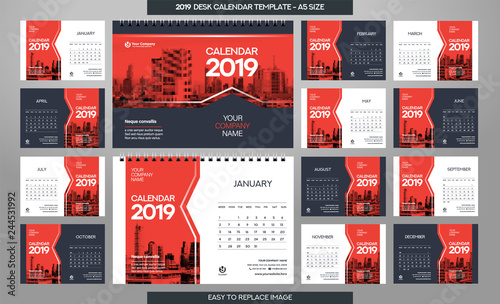 Desk Calendar 2019 template - 12 months included - A5 Size