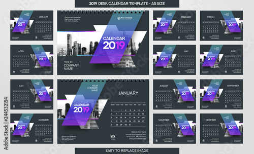 Desk Calendar 2019 template - 12 months included - A5 Size