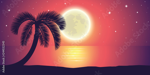 romantic night full moon by the sea with palm tree landscape vector illustration EPS10