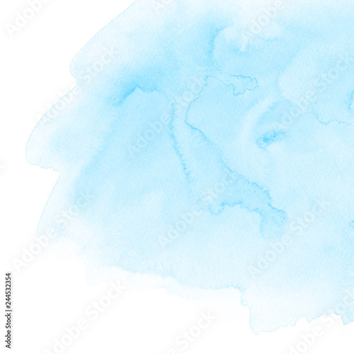 Light blue watercolor abstract hand paint texture with stains and spots on white paper. Illustration background for design.