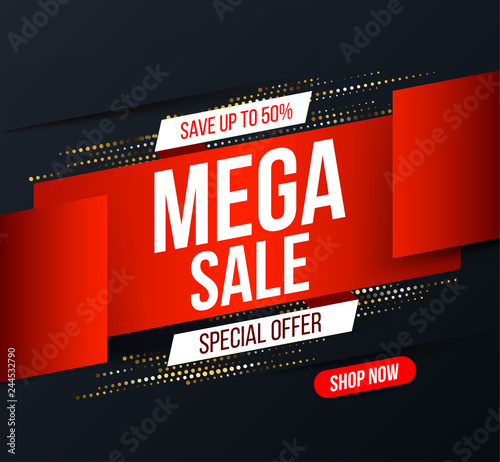 Abstract Mega sale banner with gold halftone glitter effect for special offers, sales and discounts. Promotion and shopping template for Black Friday 50% off