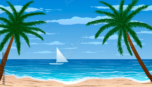 Palm trees on ocean beach. Sailing yacht on the horizon. Vector Illustration.  © evgenii141