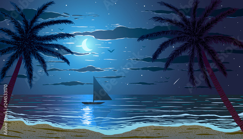 Palm trees on ocean beach at moonlight night. Vector Illustration. 