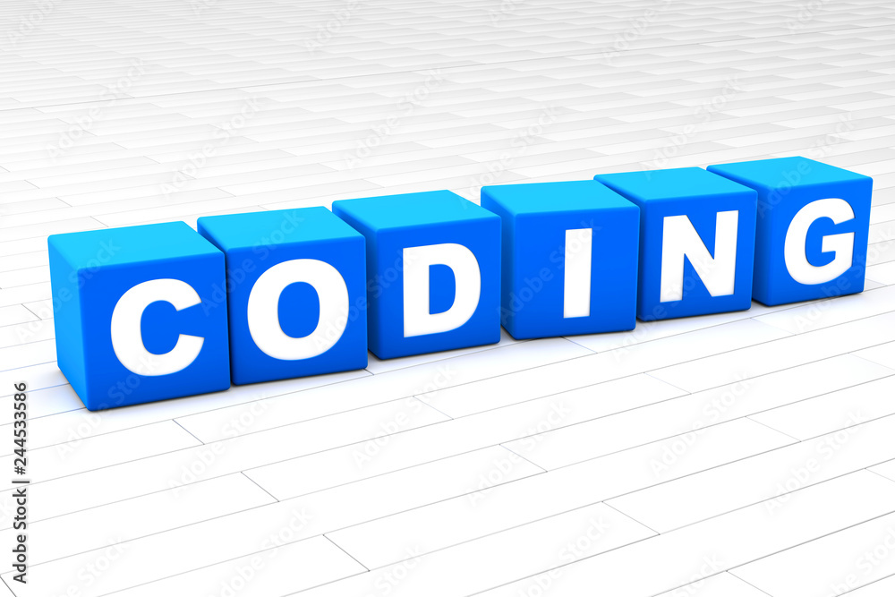 3D rendered illustration of the word Coding made of cubes.
