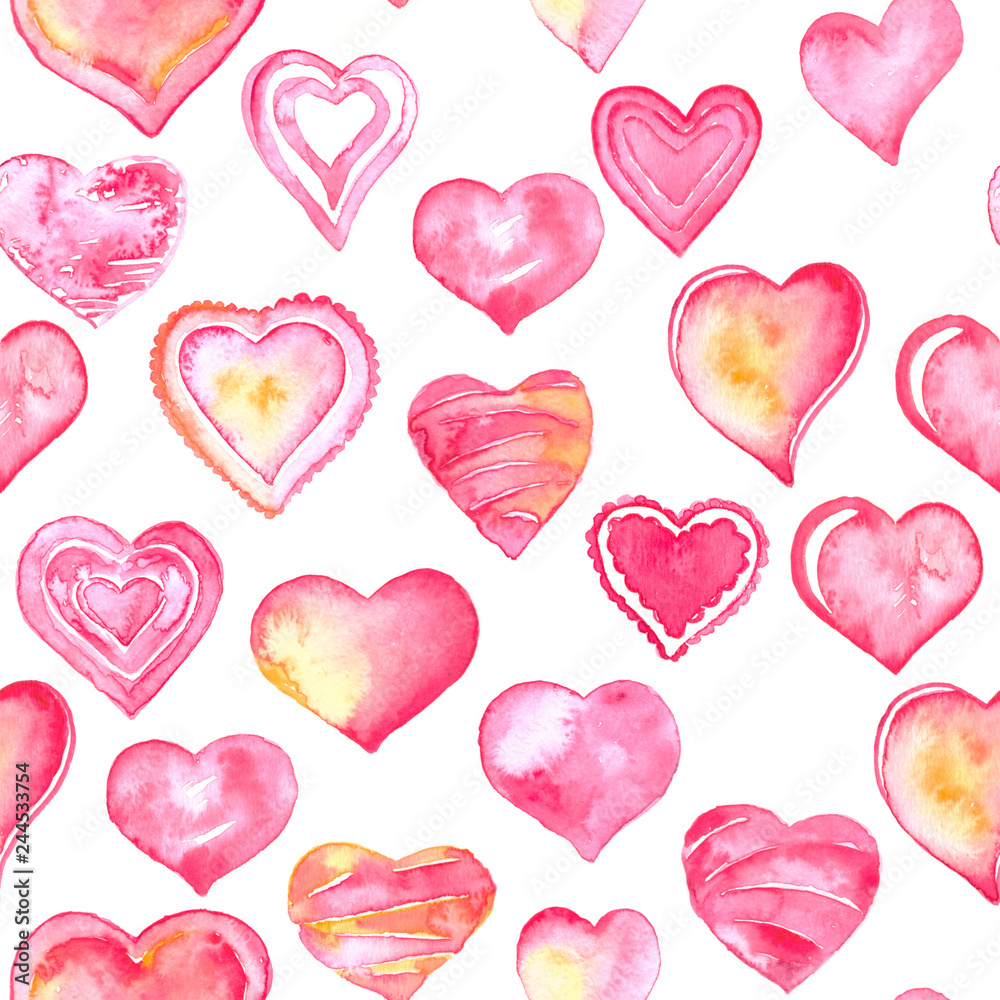 Watercolor hearts seamless pattern. Pink and red watercolor hearts on white background