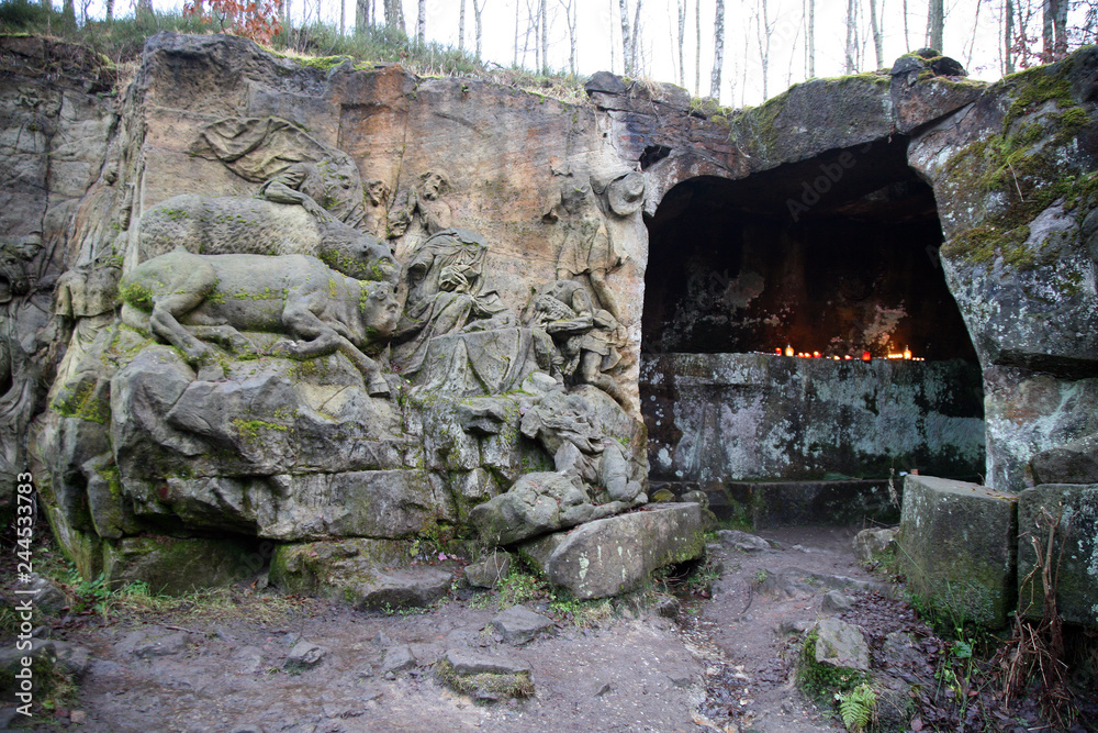 KUKS,CZECH REPUBLIC. Grotto of Saint Hubert, patron of animals. Bas-relief depicting three kings going to Bethlehem, Matthias Braun's nativity.