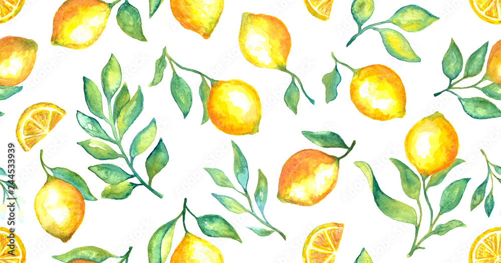 Watercolor fruit lemon and green leaves seamless pattern background 