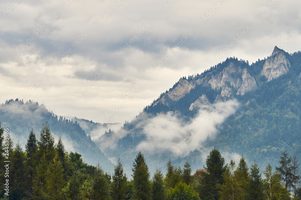 Beautiful panoramic view of the Pieniny National Park, Poland, in rainy and foggy september day