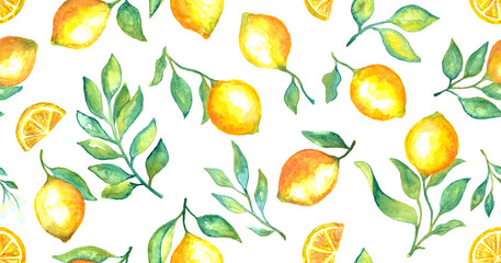 Papier peint photo Fruits aquarelle patrons Citrons feuilles vertes aquarelle fraîche  © t_dalton