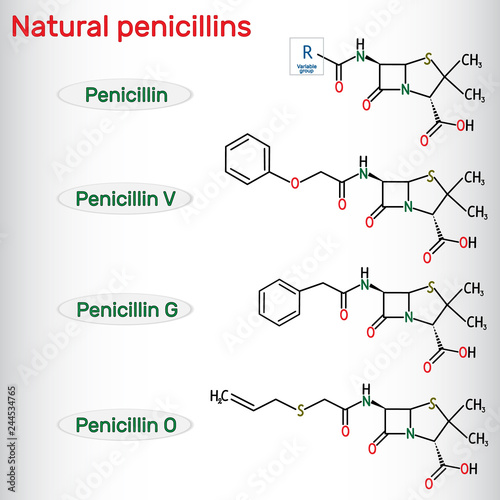 Natural penicillins antibiotic drug molecule. Benzylpenicillin , phenoxymethylpenicillin, almecillin. Structural chemical formula photo