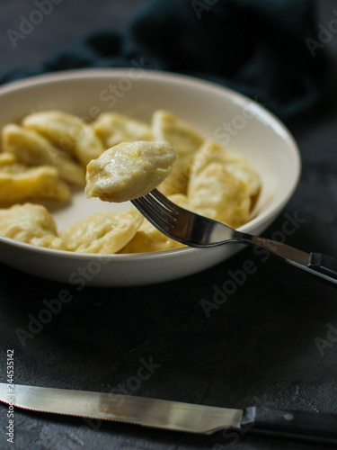 dumplings in a white plate (stuffing dough, different fillings). food background. dark background. top