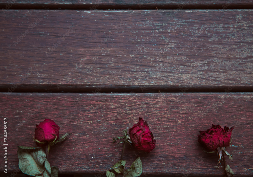 Dried Red Rose on Wooden Background, sad valentine
