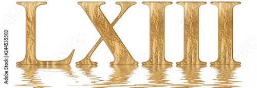 Roman numeral LXIII, tres et sexaginta, 63, sixty three, reflected on the water surface, isolated on  white, 3d render photo