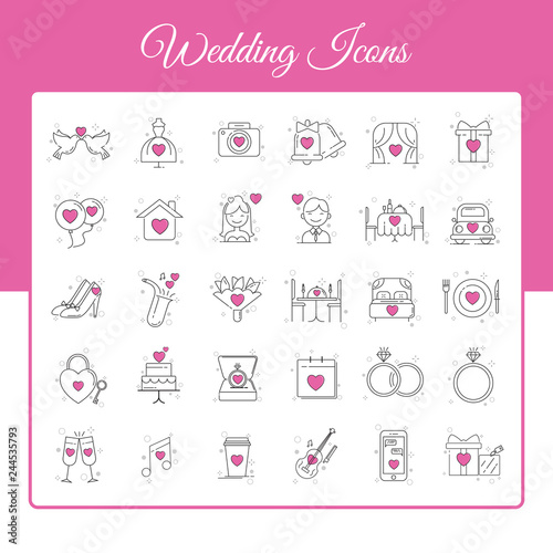 Wedding Icons Set with Outline Style