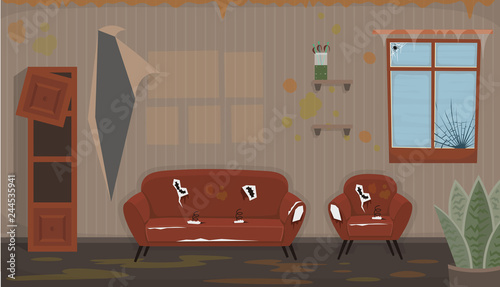 Living room with old dirty chair, sofa, broken  window, broken  bookshelf. Flat dirty interior in cartoon style.