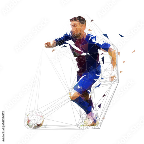 Football player in dark blue jersey running with ball, abstract low poly vector drawing. Soccer, team sport. Isolated geometric colorful illustration, side view