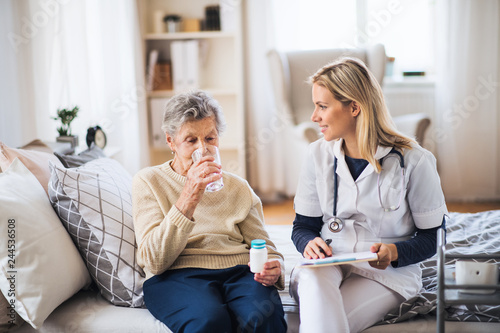 A health visitor and a senior woman at home, taking pills.