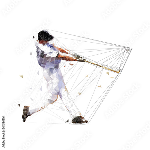 Baseball player hits ball, low polygonal batter, isolated geometric vector illustration. Team sport athlete
