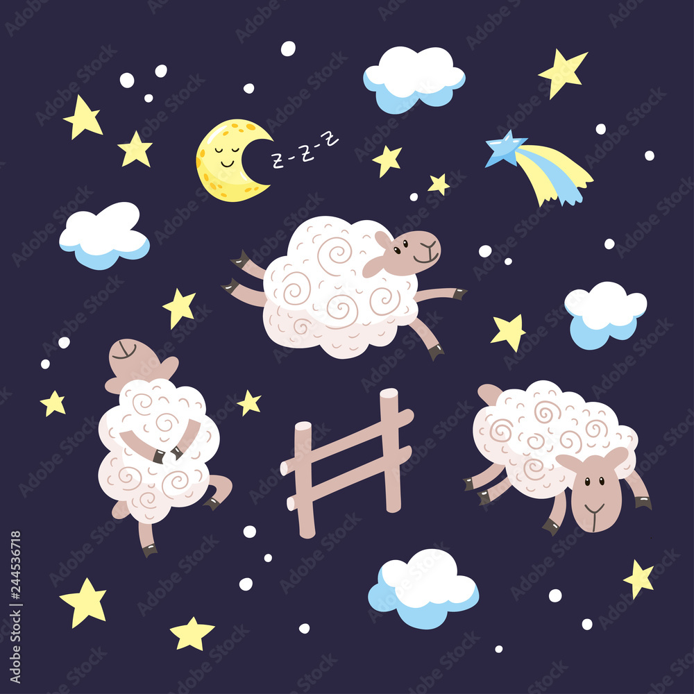 Naklejka premium Good night cartoon illustration for kids. Hand drawn cute sheep jumping over the fence in the night sky. Vector illustration.