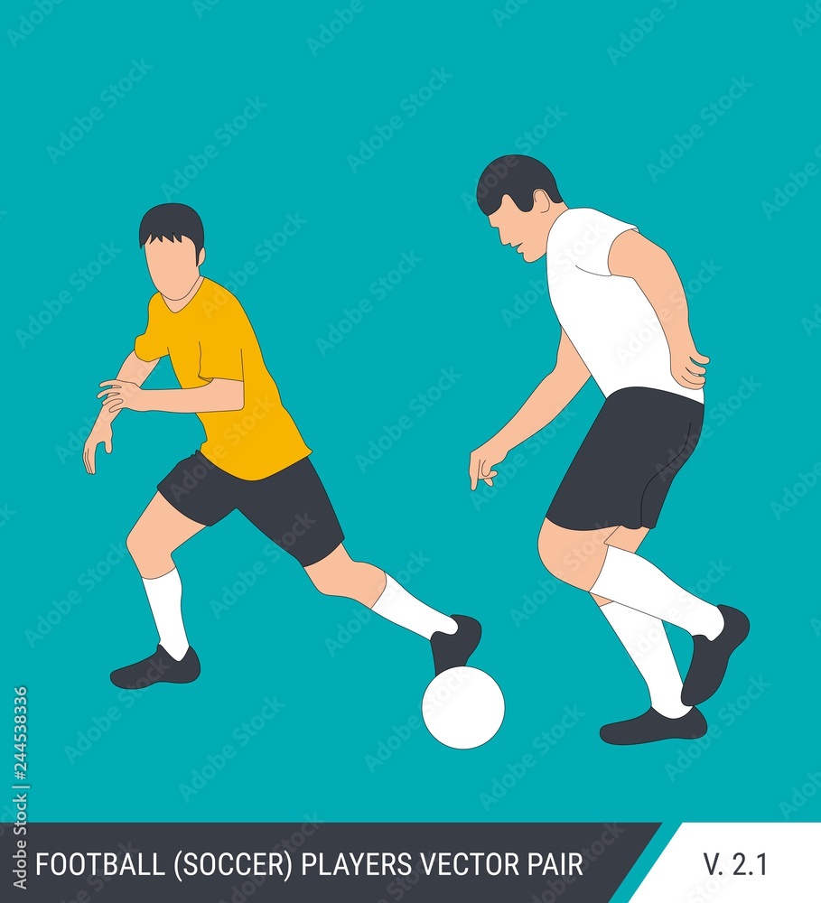 Obraz premium Two football opponents from different teams are fighting for the ball. Soccer players, the defender and attacker fight for the ball. Colorful vector illustration.