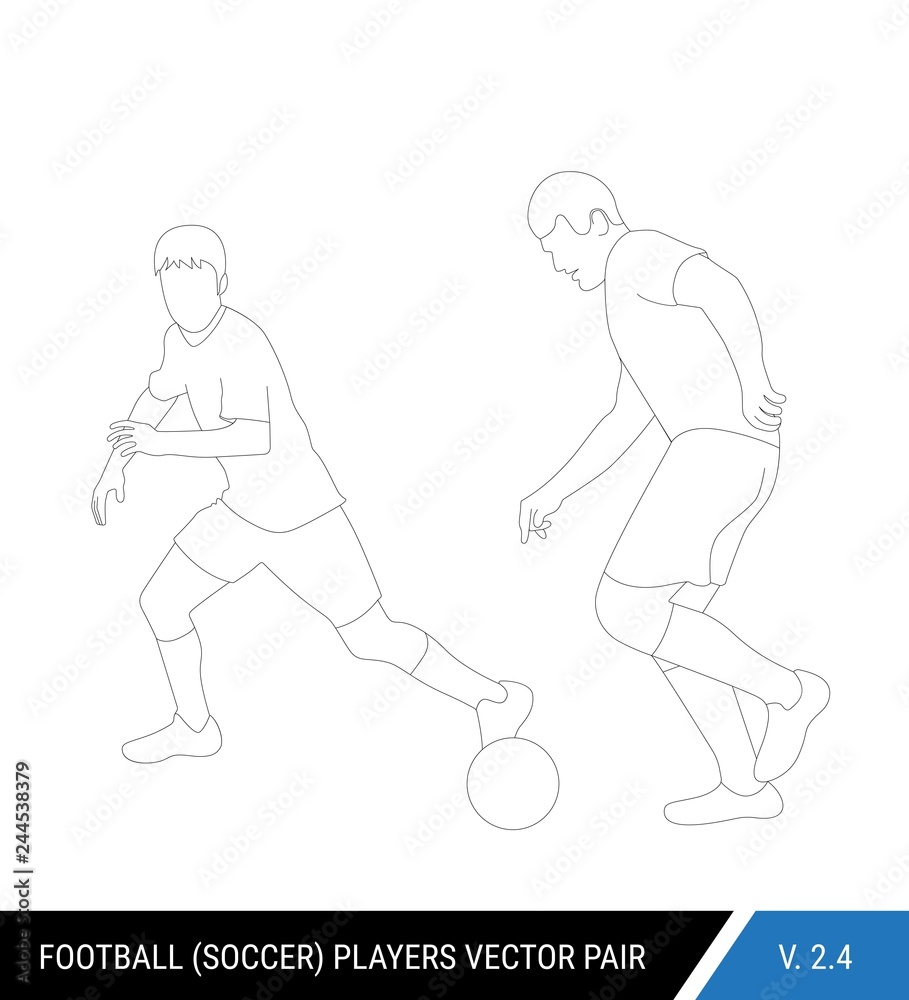 Two football opponents from different teams are fighting for the ball. Soccer players, the defender and attacker fight for the ball.  Outline silhouettes, vector illustration.