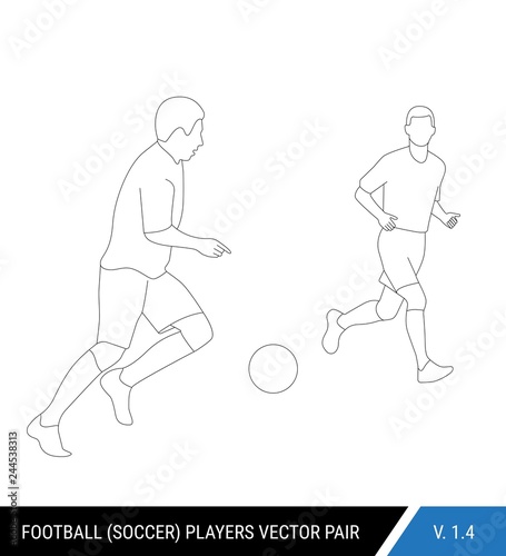 Two football opponents from different teams are fighting for the ball. Soccer players, the defender and attacker fight for the ball.  Outline silhouettes, vector illustration.