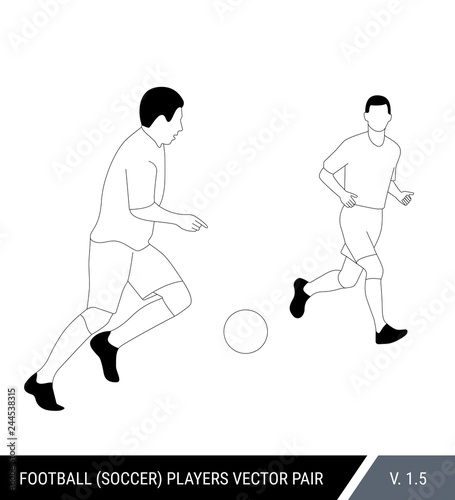 Two football opponents from different teams are fighting for the ball. Soccer players, the defender and attacker fight for the ball.  Outline silhouettes, vector illustration.