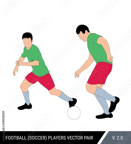 Two football players run with the ball. Two soccer players from the one team run together. One player passes ball to another. Color vector illustration. © nikkusha