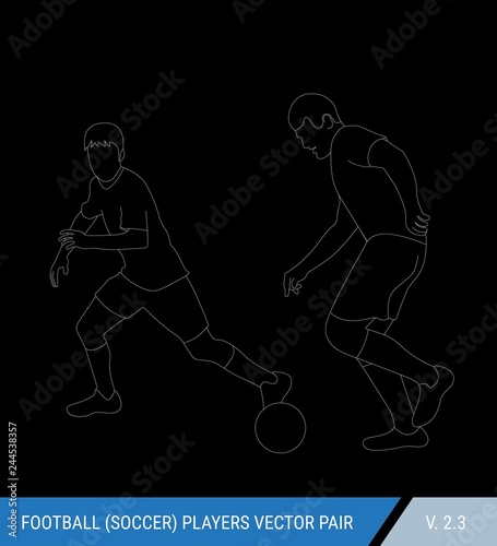 Two football opponents from different teams are fighting for the ball. Soccer players, the defender and attacker fight for the ball. Outline silhouettes, vector illustration.