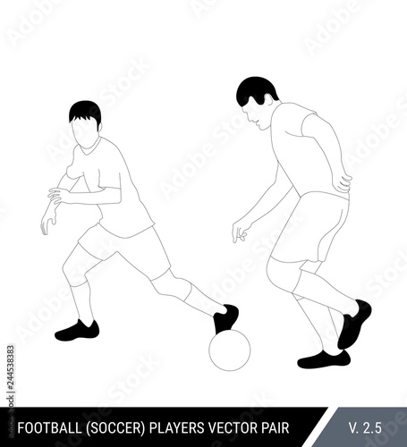 Two football opponents from different teams are fighting for the ball. Soccer players, the defender and attacker fight for the ball.  Outline silhouettes, vector illustration.