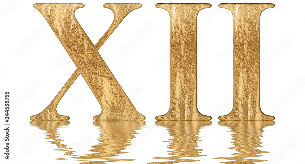 Roman numeral XII, duodecim, 12, twelve, reflected on the water surface,  isolated on white, 3d render Stock Illustration | Adobe Stock