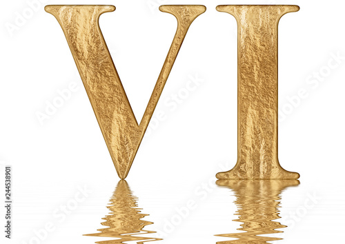 Roman numeral VI, sex, 6, six, reflected on the water surface, isolated on white, 3d render