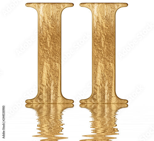 Roman numeral II, duo, 2, two, reflected on the water surface, isolated on white, 3d render