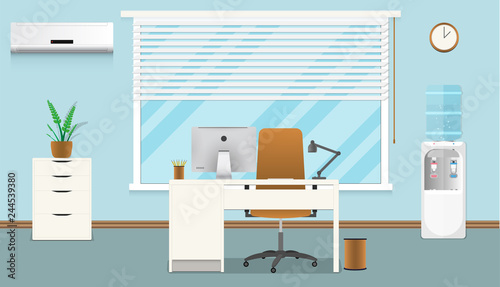 Flat modern office interior. Office workplace with table, chair, lamp, window, vase, clock, conditioner. Office concept illustration. Vector Image.