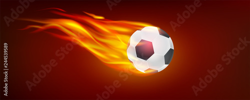 Realistic flying burning classical football ball. Icon of soccer ball in fire for hot football match. 3d vector illustration, symbol of strength and power