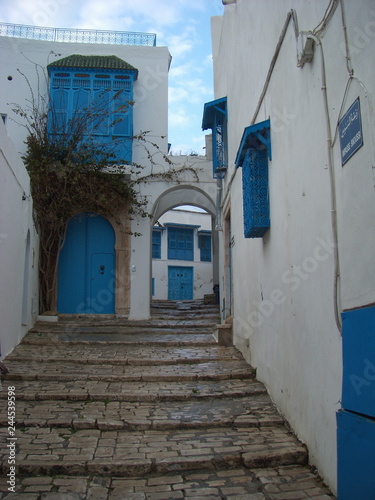 Sidi Bou Said, Tunisia - April 15, 2018: Typical street of blue and white houses of the Tunisian town of Sidi Boud Said. © Ainhoa