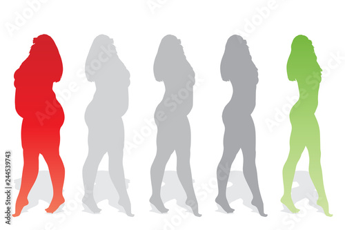 Vector conceptual fat overweight obese female vs slim fit healthy body after weight loss or diet with muscles thin young woman isolated. Fitness  nutrition or fatness obesity  health silhouette shape