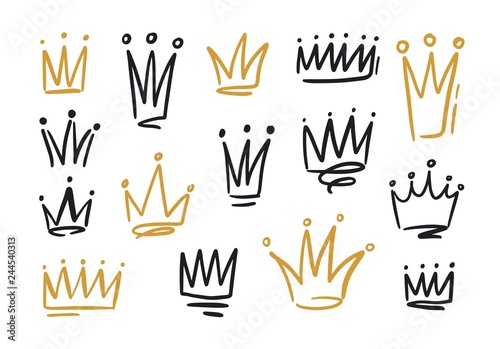 Bundle of drawings of crowns or coronets for king or queen. Symbols of monarchy, sovereign authority and power hand drawn with black and golden contour lines on white background. Vector illustration.