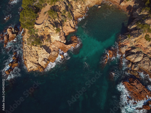 Drone footage over the Costa Brava coastal near the small town Palamos of Spain