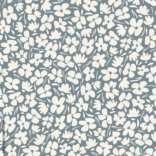 Momochrome graphic ditsy gestural blooms and foliage on grey background vector seamless pattern. Floral Texture