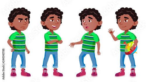Black, Afro American Boy Kindergarten Kid Poses Set Vector. Preschool, Childhood. Friend. For Cover, Placard Design. Isolated Cartoon Illustration