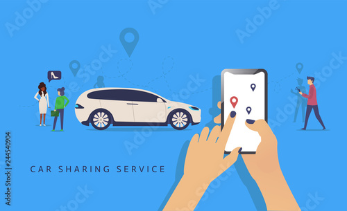 Car sharing concept, white car and hand holding smartphone and maps with carsharing app and people, flat vector illustration. 