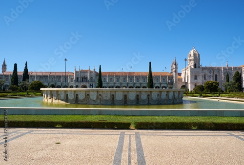 Empire Square with the fountain and  Jeronimos Monastery. Lisbon. Portugal