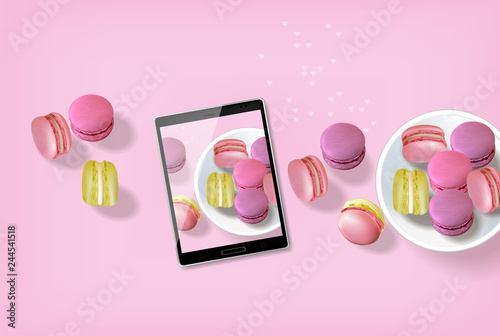 Macaroons realistic Vector. Tablet taking macaroons photo template layout 3d ...