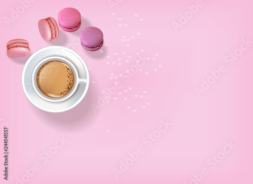 Breakfast coffee and macaroons Vector realistic. 3d detailed card menu templa...