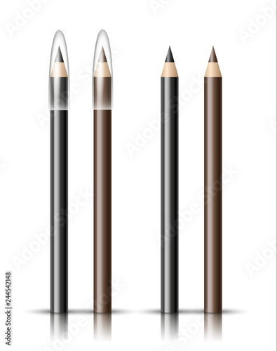 Vector realistic eyeliner and brow pencil with plastic caps isolated on white background