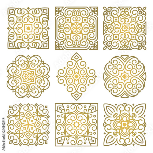 Vector set of square golden patterns of oriental ornament