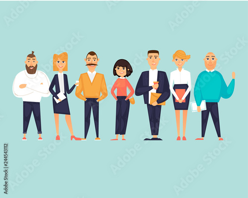 Business characters, team, about us. Flat design vector illustration 