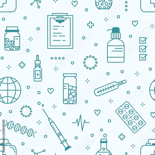 Seamless pattern with medical lab equipment. Backdrop with pills in jar and blister, healthcare tools drawn with contour lines on light background. Monochrome vector illustration in linear style.