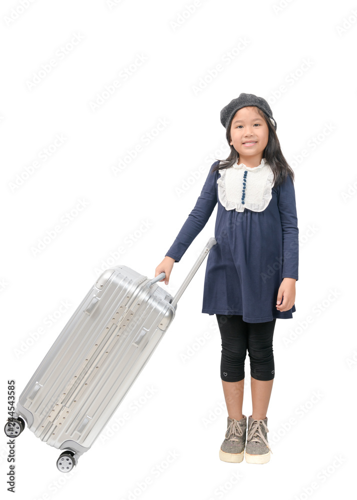 Happy asian girl holding big baggage isolated Happy asian girl holding big baggage isolated